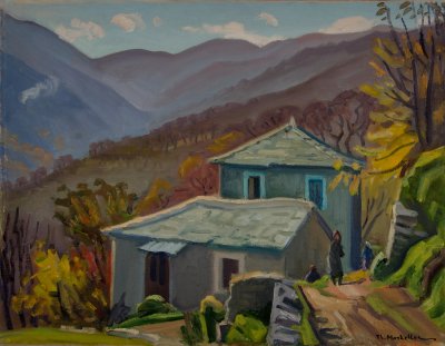 Pelion, Two Houses, Mountains — Oil painting, Canvas, 50.00×65.00cm — Theodoros Markellos